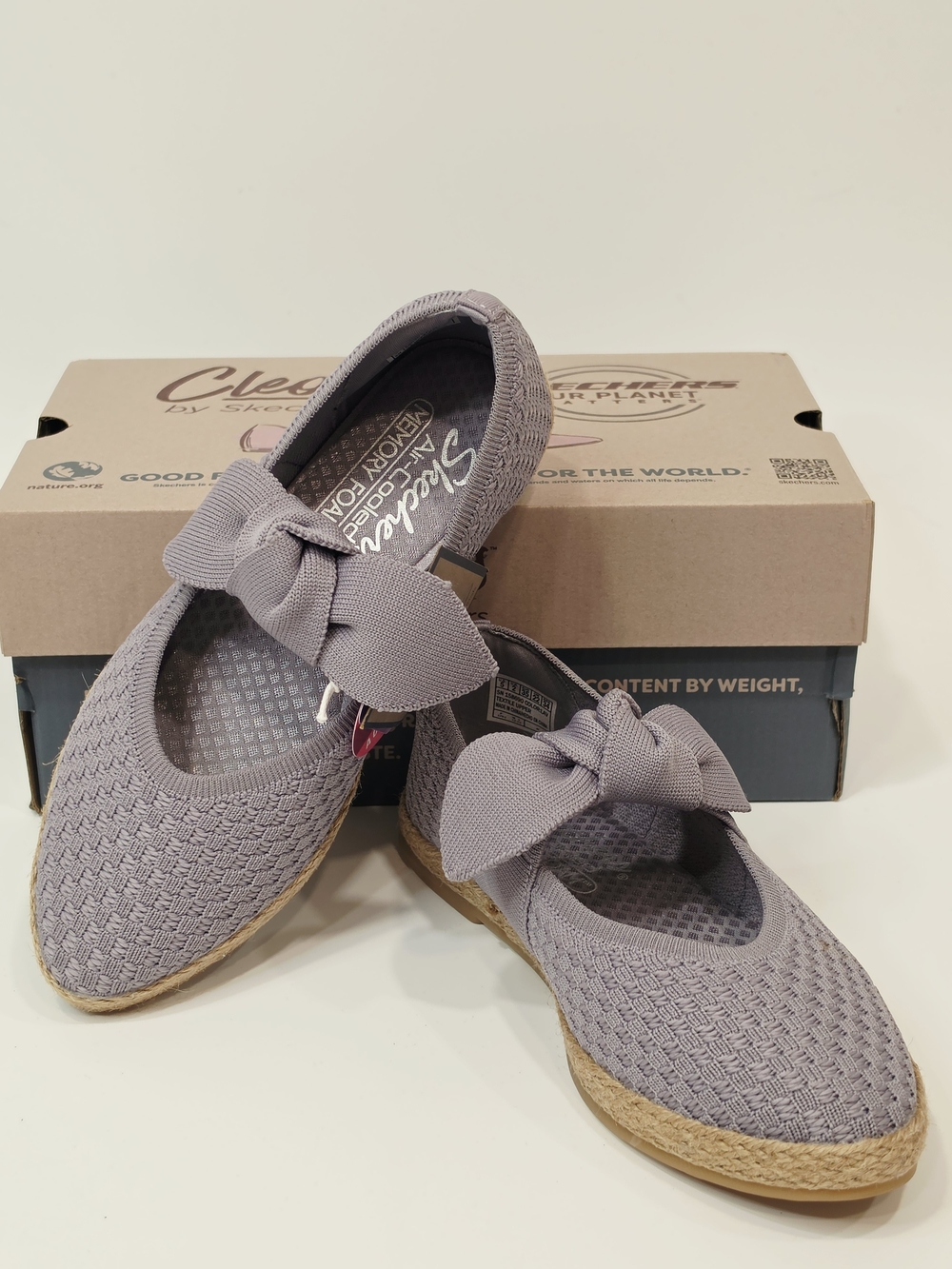 Skechers Cleo Jute Fun Walks Women's Lavender Knit Bow Mary Janes